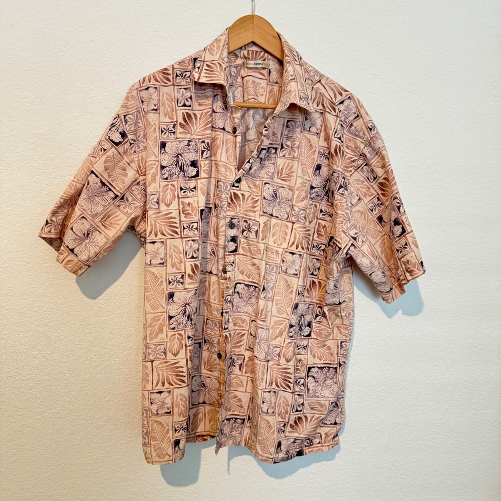 Campia Moda Hawaiian Shirt Mens XL Pink Brown Batik Floral Palm Leaf Tropical